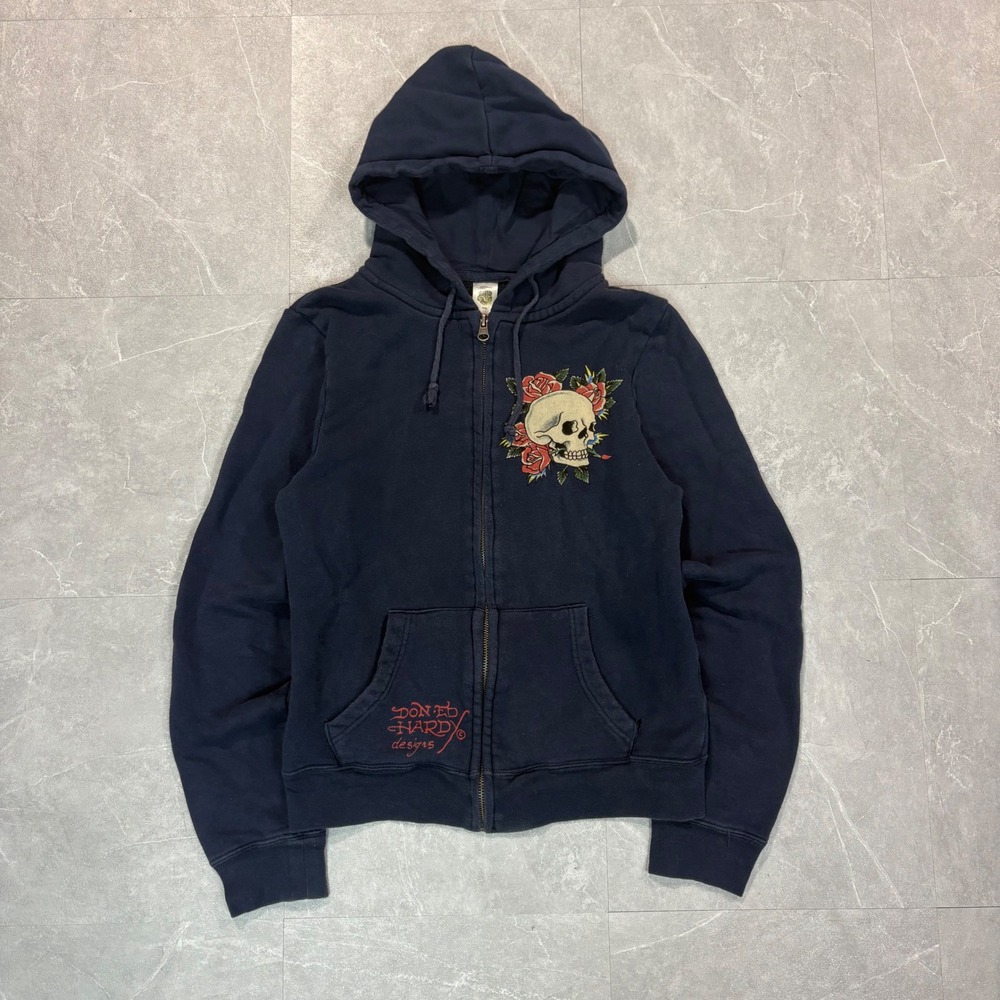 Ed Hardy Christian Audigier Navy Blue Skull Roses Zip Up Hoodie Y2K Size L